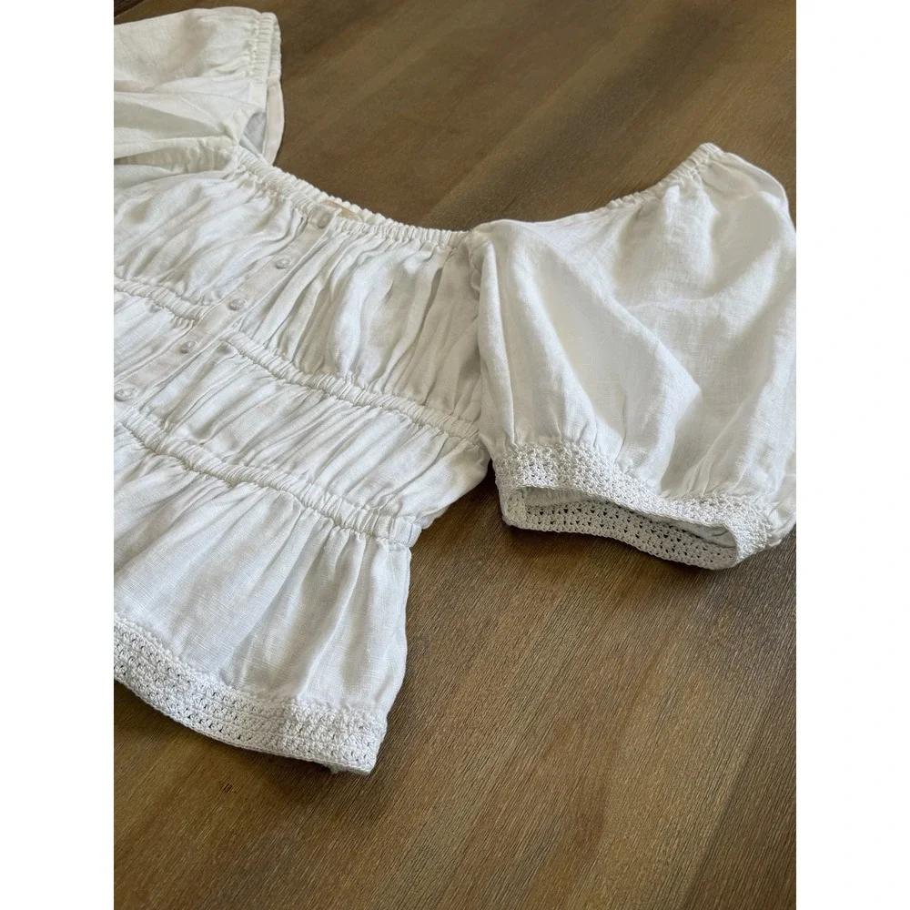 Ulla Johnson Smocked Short Sleeve White Linen Peplum Top Size 14